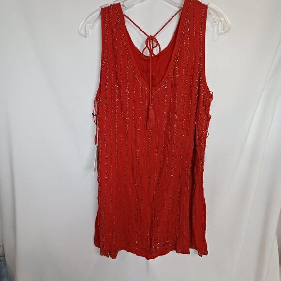 NWT Lost + Wander Boho Hand Beaded Red Swing Dress Crewneck Sleeveless M - Picture 5 of 14